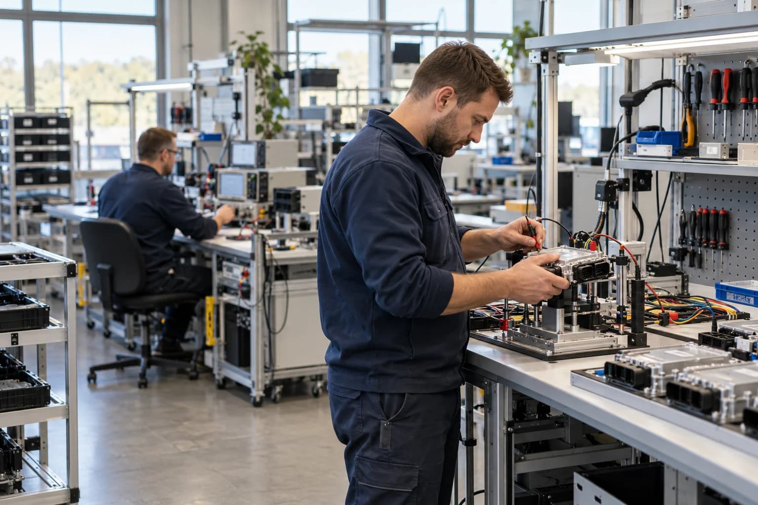 Illustrative Szene: Techniker prüfen ein elektronisches Fahrzeugmodul an einem Prüfstand in einer Zuliefererwerkstatt.