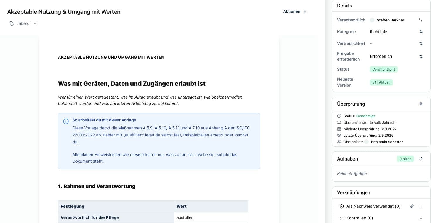 Kopexa Richtlinie mit veröffentlichter Version, Verantwortlichem und separater regelmäßiger Überprüfung