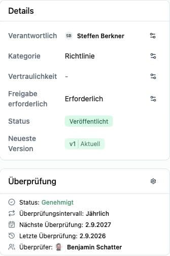Richtlinien mit Verantwortlichkeit, Freigabe und nächster Überprüfung.