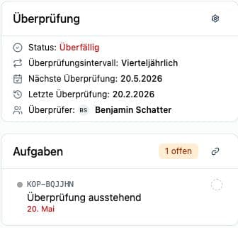Recurring supplier review with a linked open task in Kopexa