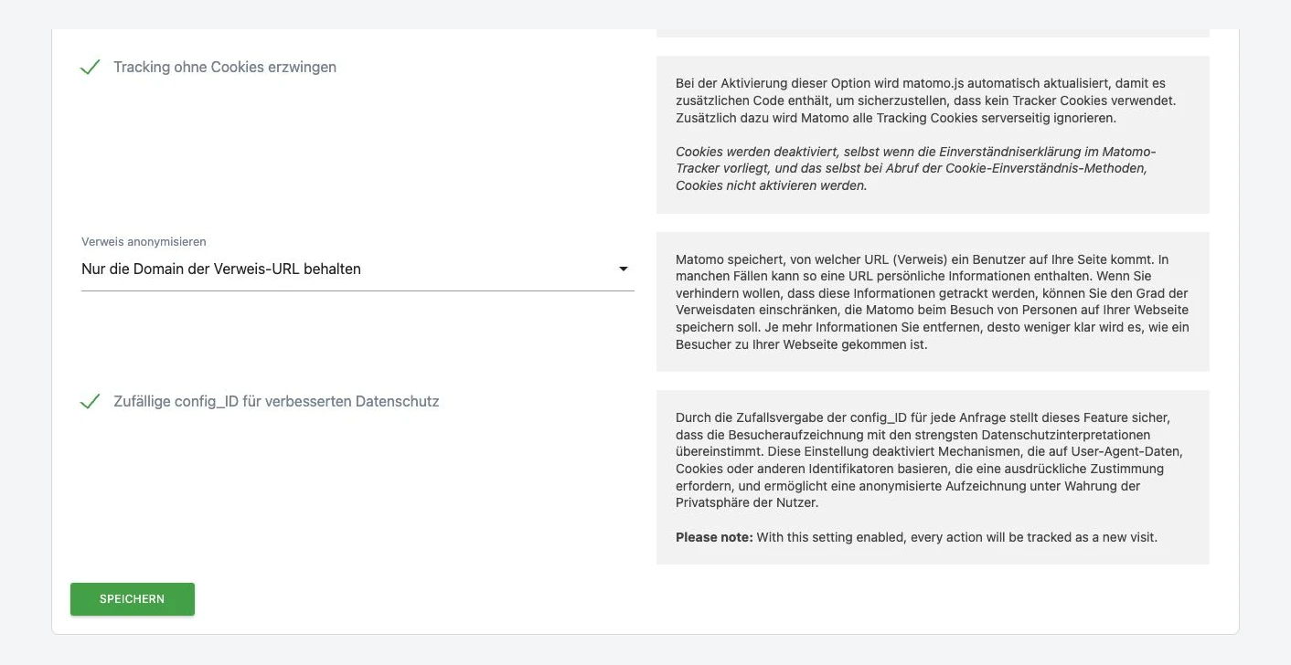Matomo settings for cookie-free tracking, reduced referrers and random config_ID