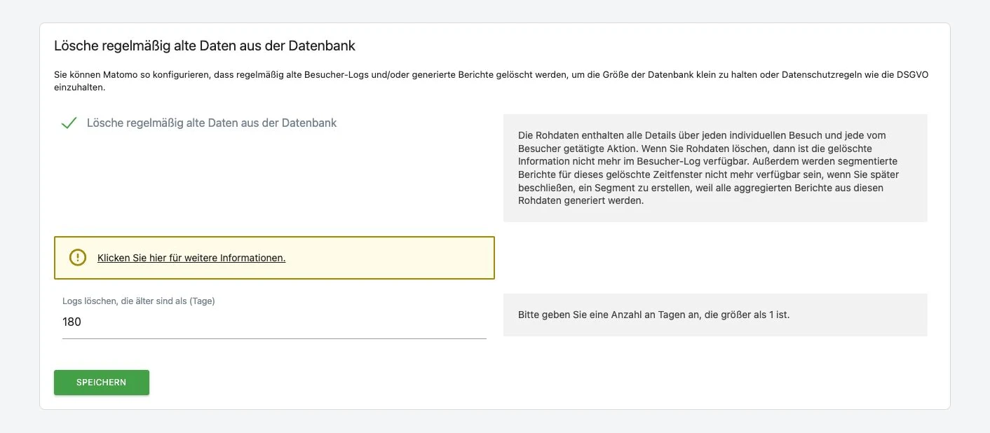 Matomo raw-data deletion configuration, with 180 days as an example