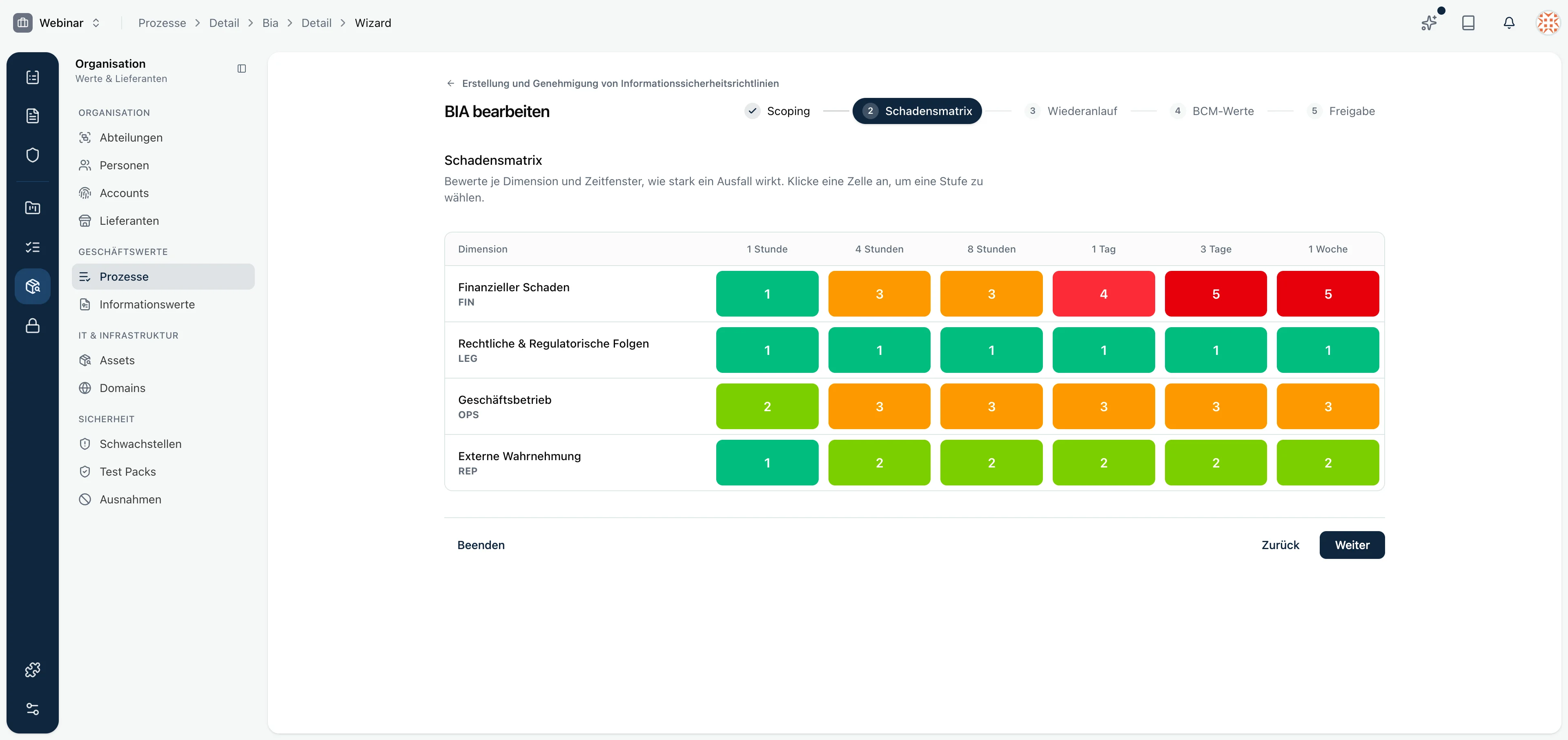 Damage matrix in the BIA wizard