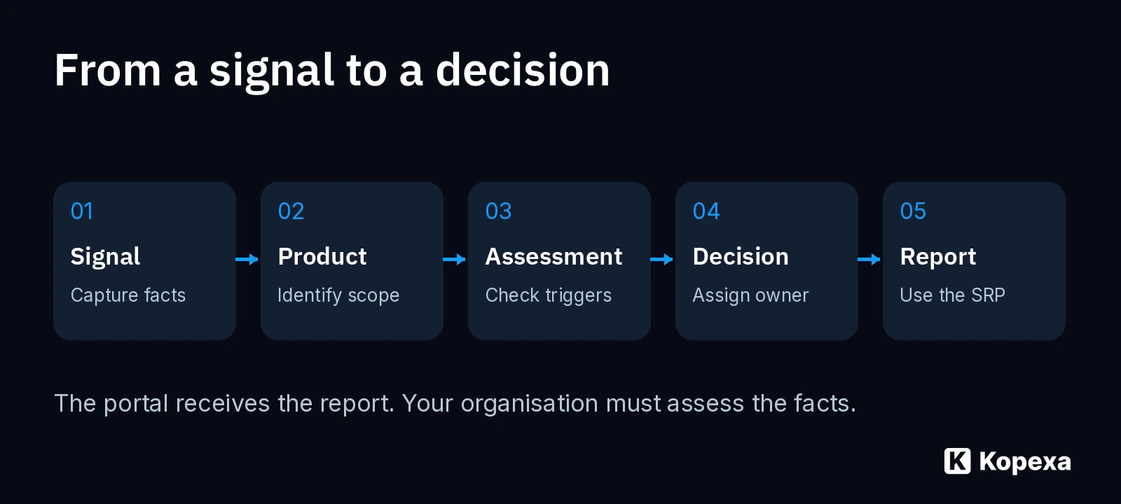 Five steps from a technical signal through product identification and assessment to an accountable SRP submission