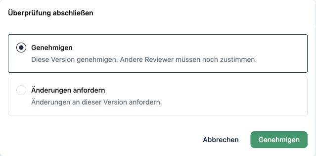 Kopexa-Dialog zum Abschluss einer Versionsprüfung mit den Optionen „Genehmigen“ und „Änderungen anfordern“.